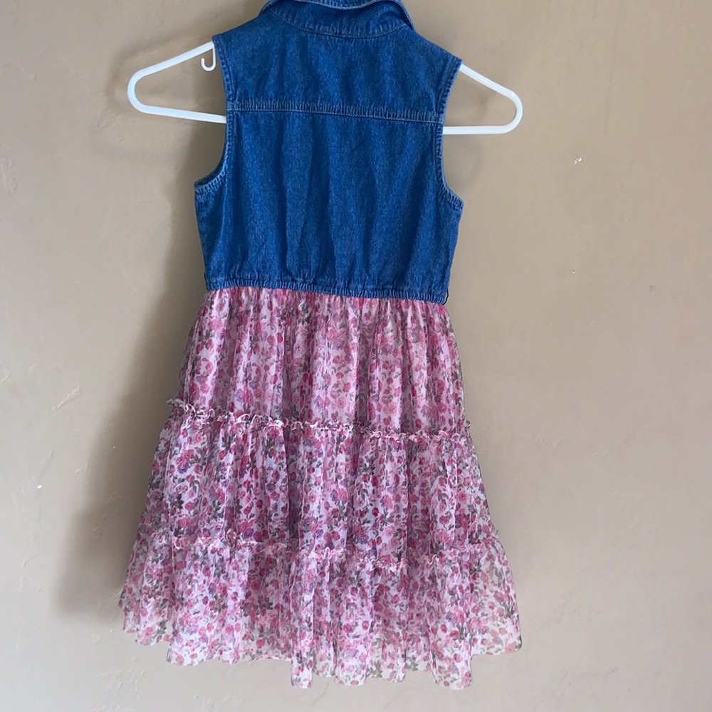 Zunie Sleeveless Denim-Bodice/Printed Mesh Skirted Fit-And-Flare Dress girl 8 - Picture 2 of 4